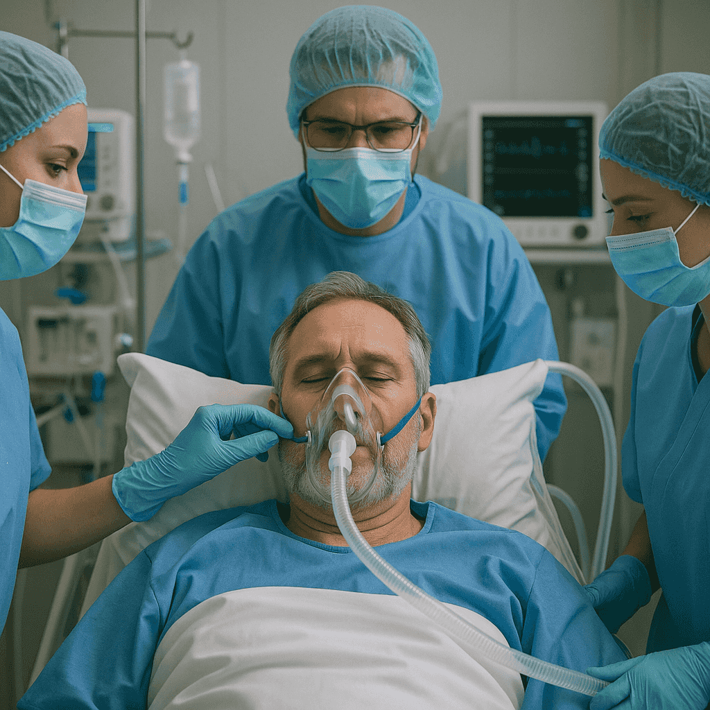 Les soignants ajustent le masque à oxygène d’un patient en soins intensifs