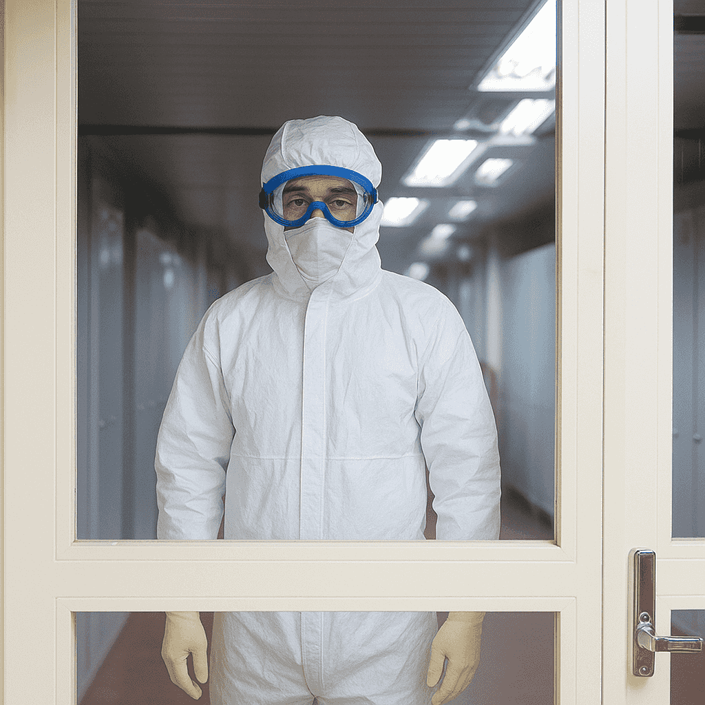 Personne en combinaison de protection et lunettes